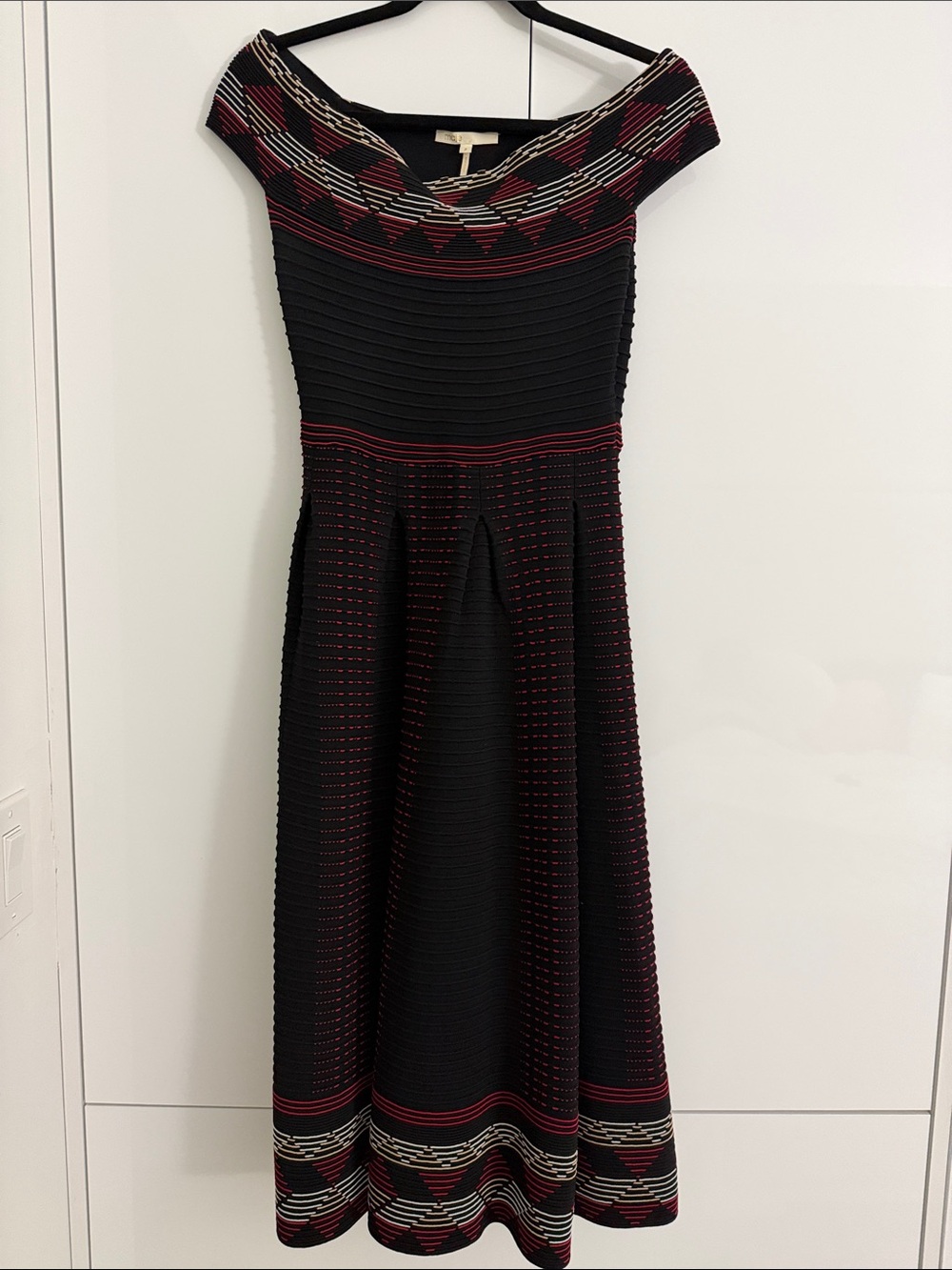 Maje Black and Burgundy Patterned Off-Shoulder Midi Dress